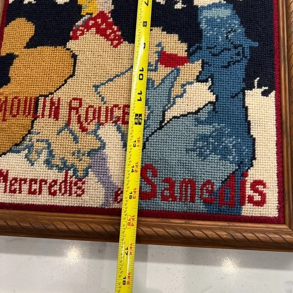 Vintage Framed Crewelwork Bridge Moulin Rouge La Goulue Original Needlepoint - Picture 5 of 8